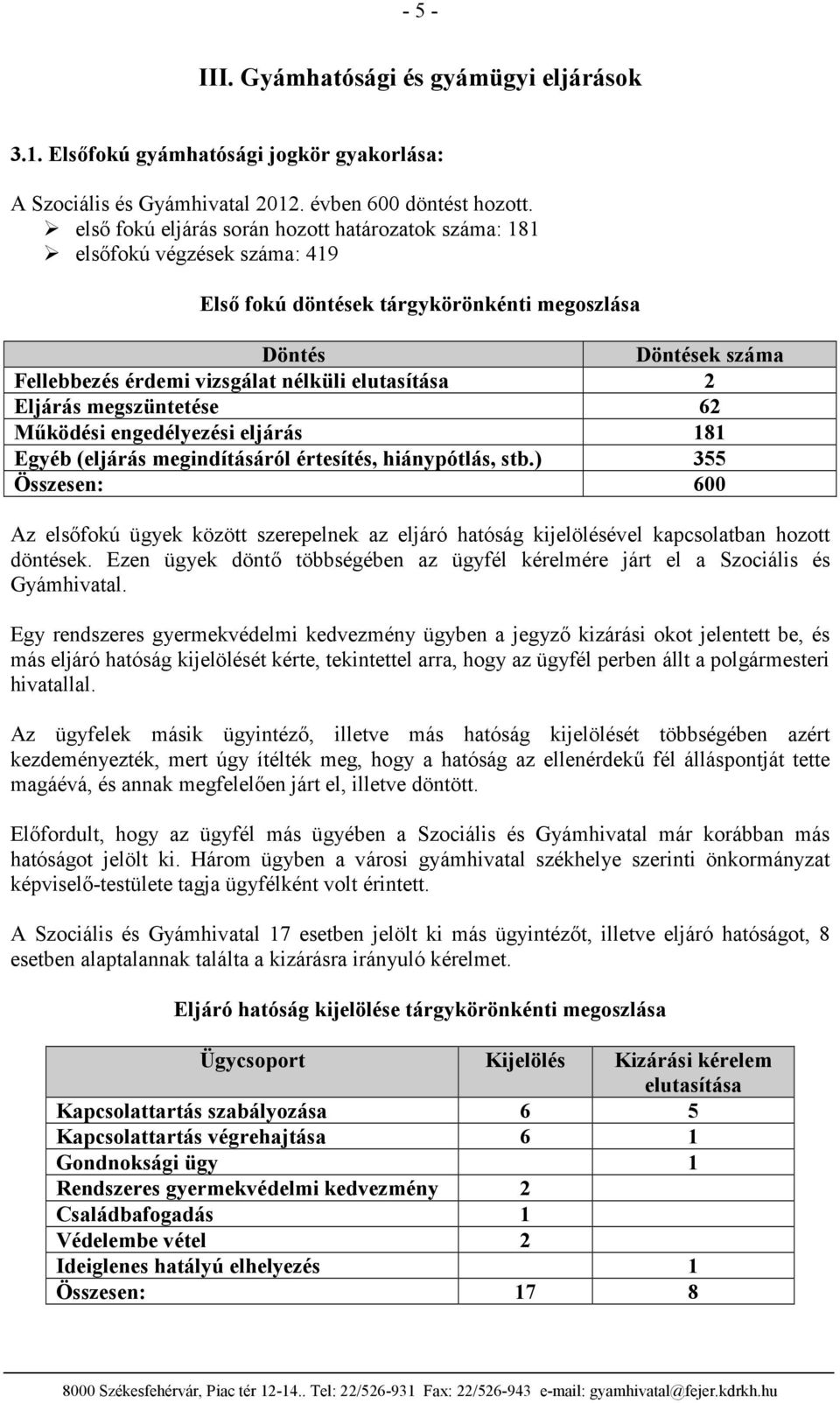2 Eljárás megszüntetése 62 Működési engedélyezési eljárás 181 Egyéb (eljárás megindításáról értesítés, hiánypótlás, stb.