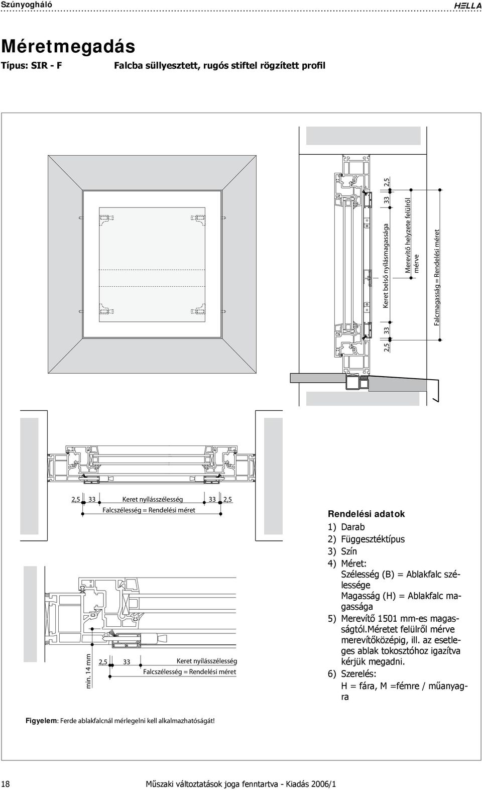 14 mm Falcszélesség = Rendelési méret,5,5 33 Keret nyílásszélesség Falcszélesség = Rendelési méret Rendelési adatok 1) ) 3) 4) 5) 6) Darab Függesztéktípus Szín Méret: Szélesség (B) =