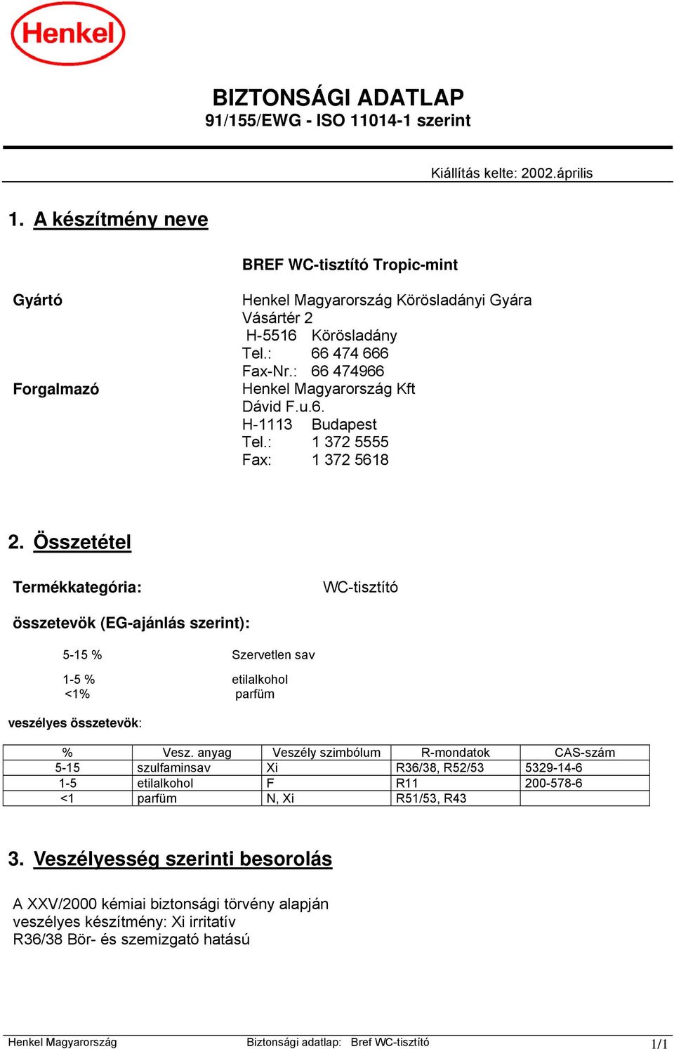 : 66 474966 Henkel Magyarország Kft Dávid F.u.6. H-1113 Budapest Tel.: 1 372 5555 Fax: 1 372 5618 2.