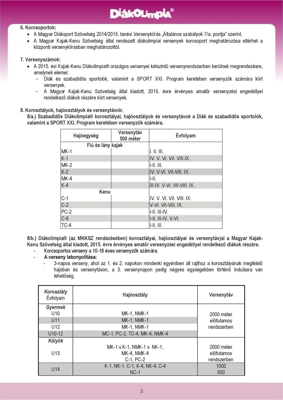 évi Kajak-Kenu Diákolimpia országos versenyei kétszintű versenyrendszerben kerülnek megrendezésre, amelynek elemei: - Diák és szabadidős sportolók, valamint a SPORT XXI.