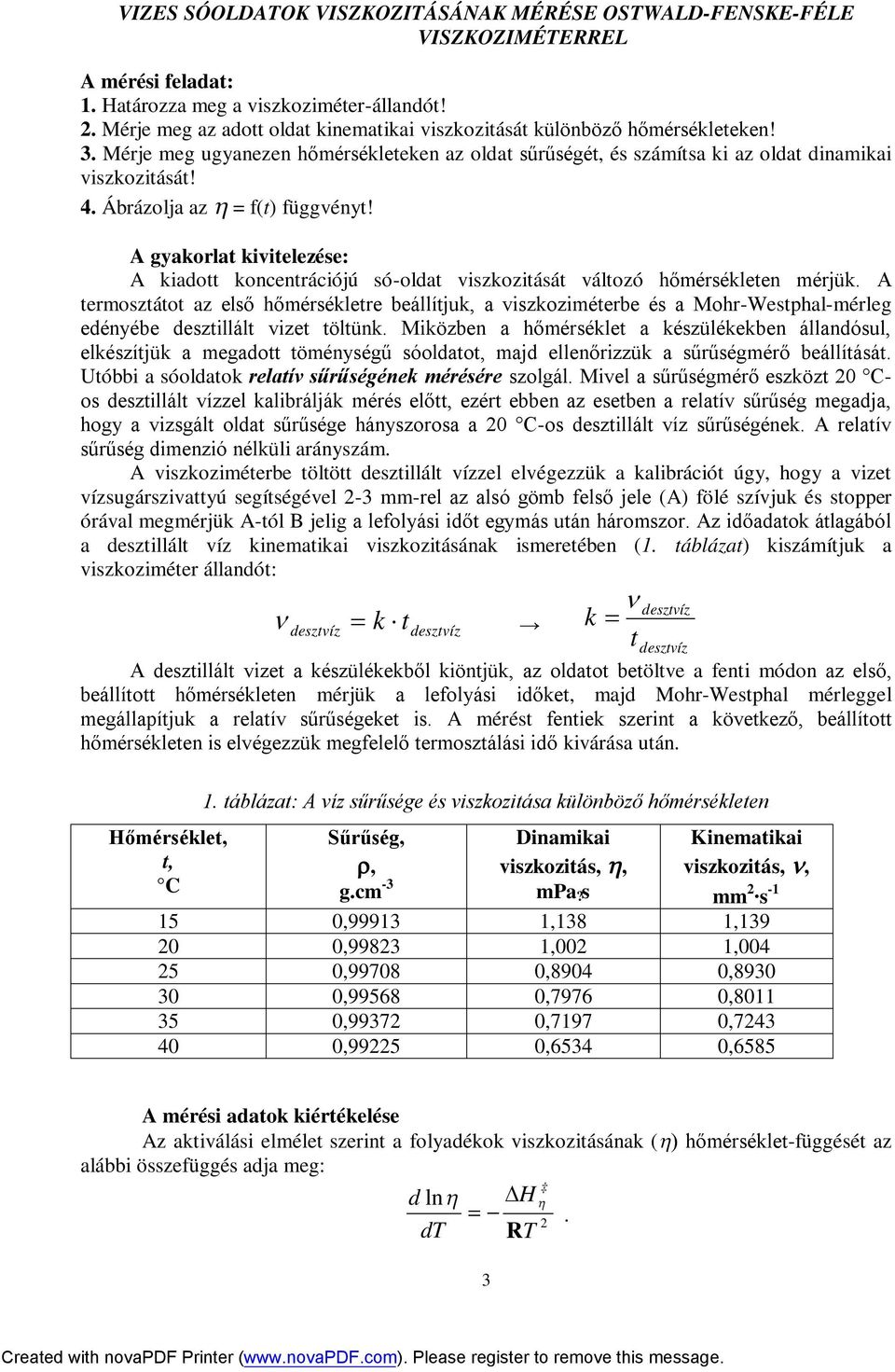 Ábrázolja az = f(t) függvényt! A gyakorlat kivitelezése: A kiadott koncentrációjú só-oldat viszkozitását változó hőmérsékleten mérjük.