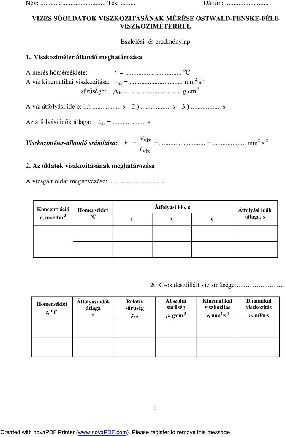 ..s Viszkoziméter-állandó számítása: k = víz t víz =... =... mm. s -. Az oldatok viszkozitásának meghatározása A vizsgált oldat megnevezése:... Koncentráció c, mol.