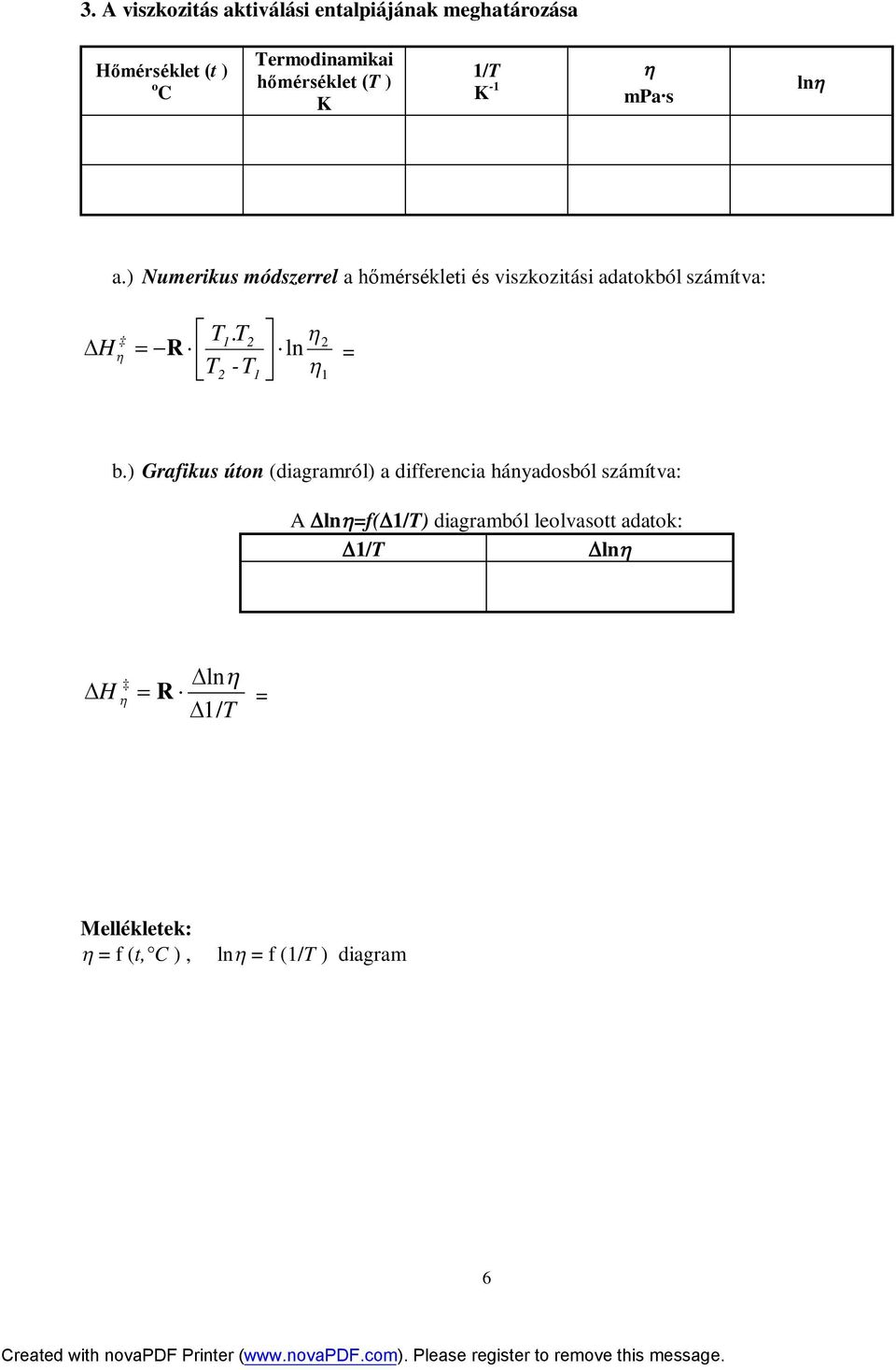 ) Numerikus módszerrel a hőmérsékleti és viszkozitási adatokból számítva:. H R ln = - b.