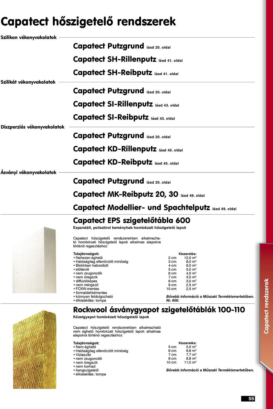 oldal Capatect KD-Rillenputz lásd 45. oldal Capatect KD-Reibputz lásd 45. oldal Ásványi vékonyvakolatok Capatect Putzgrund lásd 20. oldal Capatect MK-Reibputz 20, 30 lásd 49.