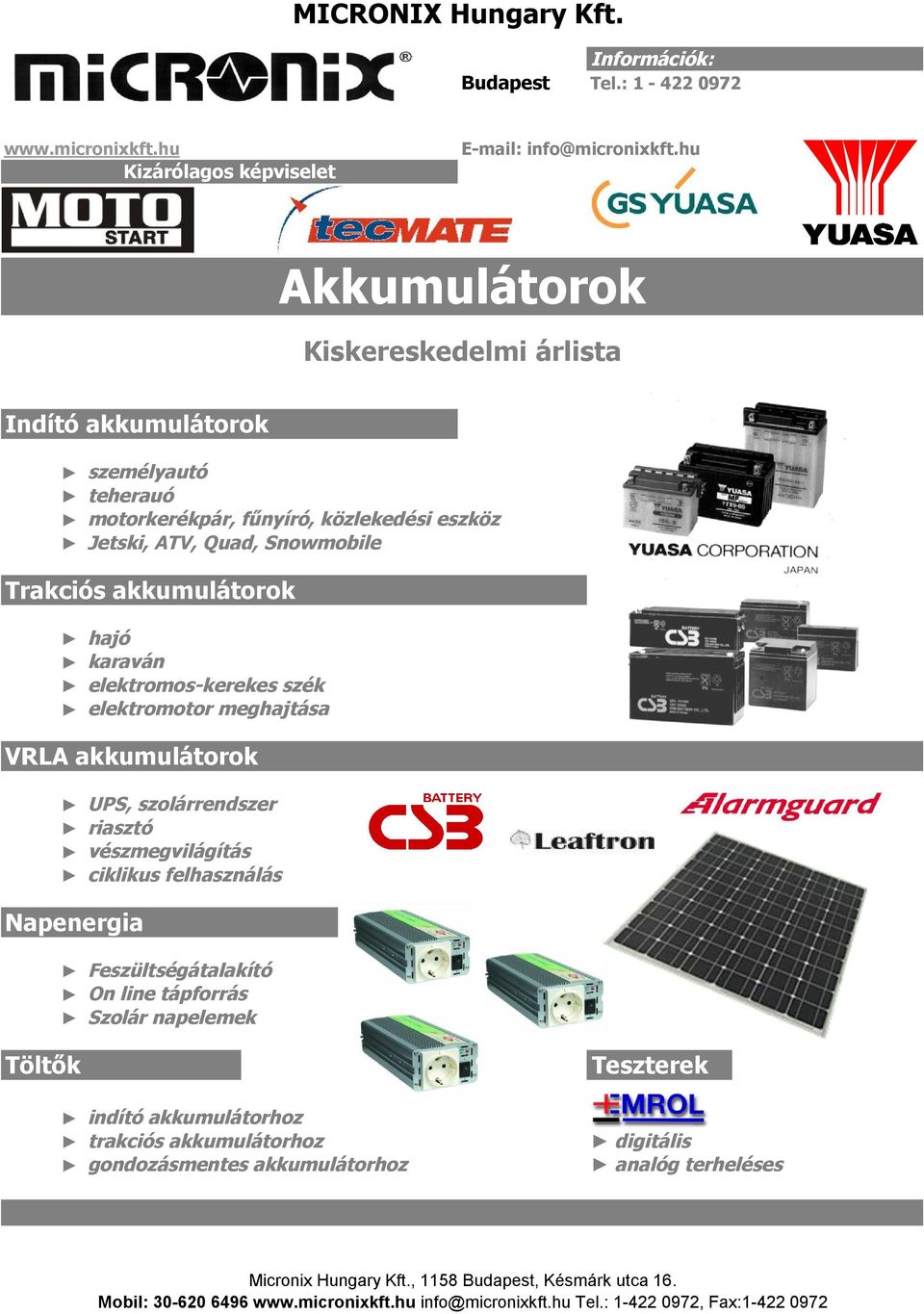 MICRONIX Hungary Kft. Akkumulátorok. Kiskereskedelmi árlista - PDF Ingyenes  letöltés