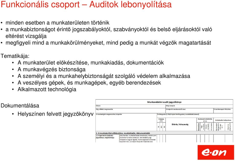 magatartását Tematikája: A munkaterület előkészítése, munkakiadás, dokumentációk A munkavégzés biztonsága A személyi és a