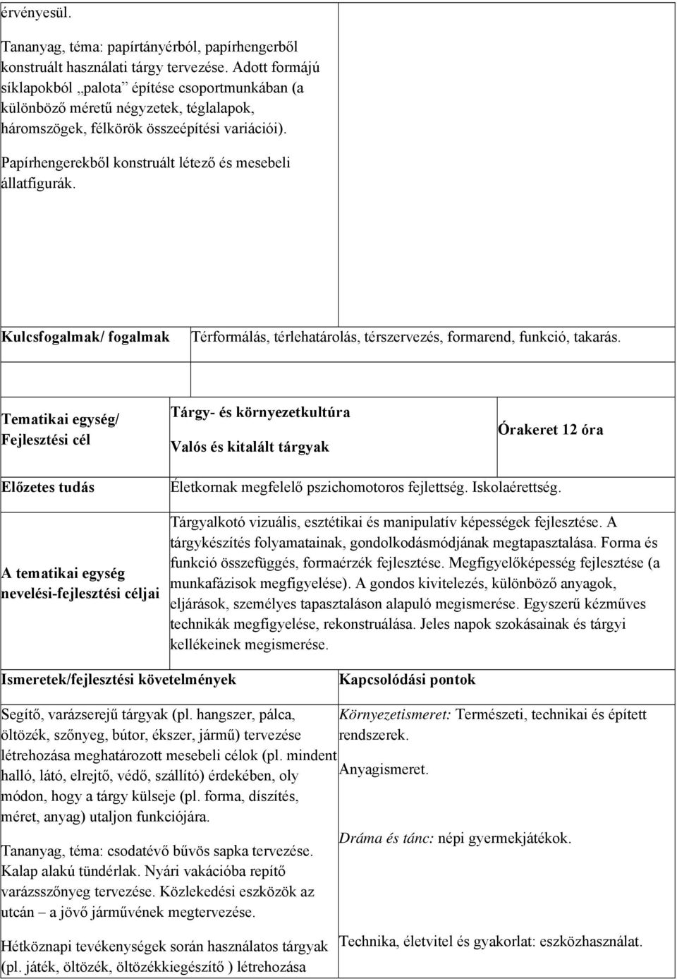 Papírhengerekből konstruált létező és mesebeli állatfigurák. Kulcsfogalmak/ fogalmak Térformálás, térlehatárolás, térszervezés, formarend, funkció, takarás.