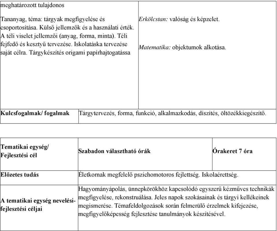 Kulcsfogalmak/ fogalmak Tárgytervezés, forma, funkció, alkalmazkodás, díszítés, öltözékkiegészítő.