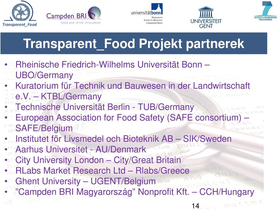 KTBL/Germany Technische Universität Berlin - TUB/Germany European Association for Food Safety (SAFE consortium) SAFE/Belgium Institutet