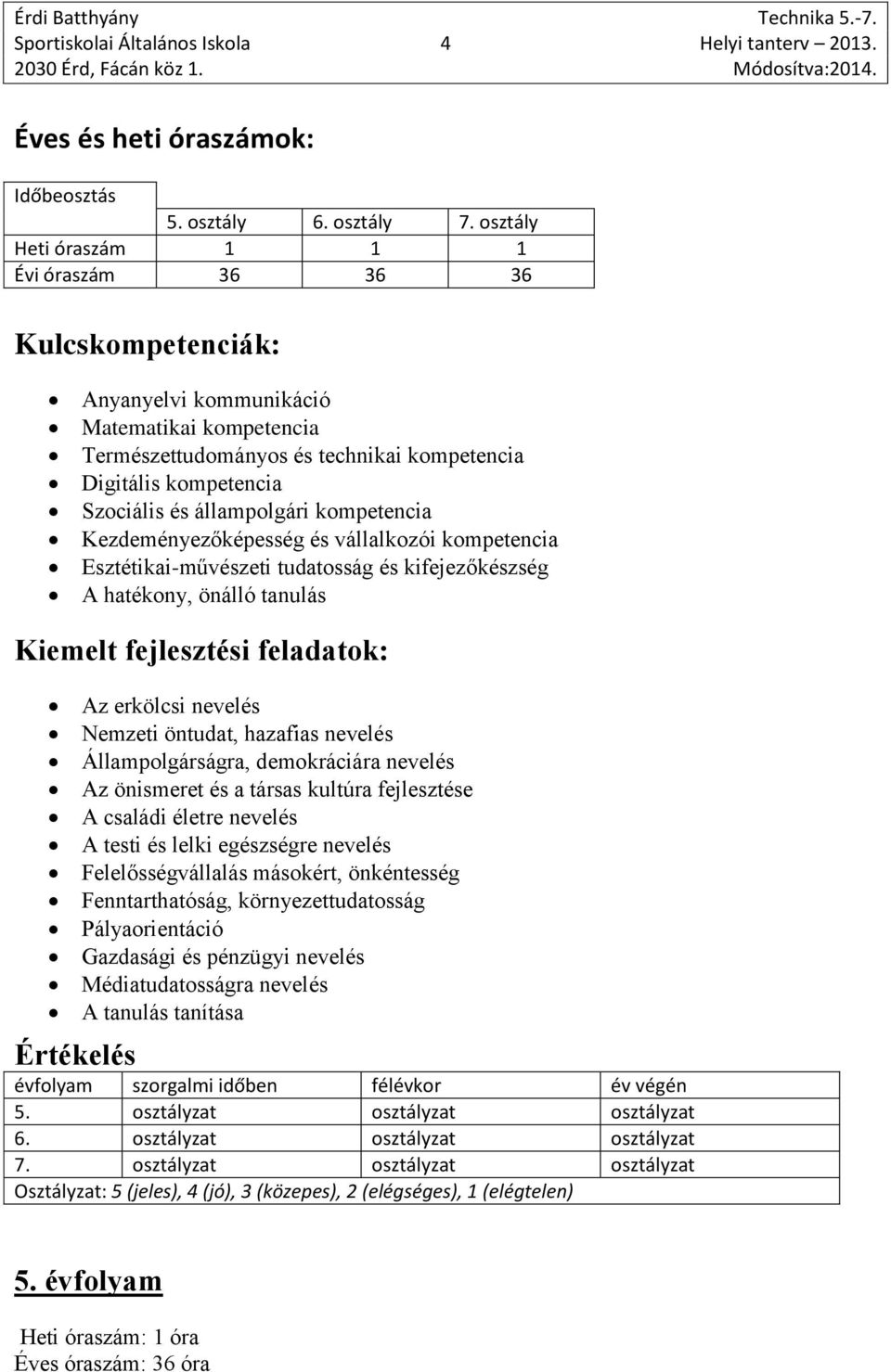 állampolgári kompetencia Kezdeményezőképesség és vállalkozói kompetencia Esztétikai-művészeti tudatosság és kifejezőkészség A hatékony, önálló tanulás Kiemelt fejlesztési feladatok: Az erkölcsi