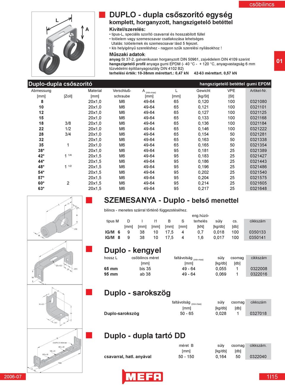 anyag St 37-2, galvanikusan horganyzott DIN 50961, zajvédelem DIN 4109 szerint hangszigetelő profil anyaga gumi EPDM ( - 40 C - + 120 C, anyagvastagság 6 mm tűzvédelmi építőanyagosztály DIN 4102 )