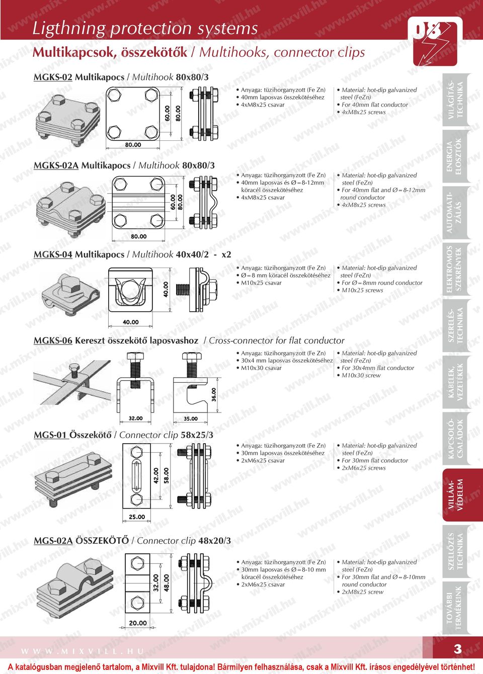Multihook 40x40/2 - x2 Ø=8 mm köracél összekötéséhez M10x25 csavar For Ø=8mm round conductor M10x25 screws MGKS-06 Kereszt összekötő laposvashoz / Cross-connector for flat conductor 30x4 mm laposvas