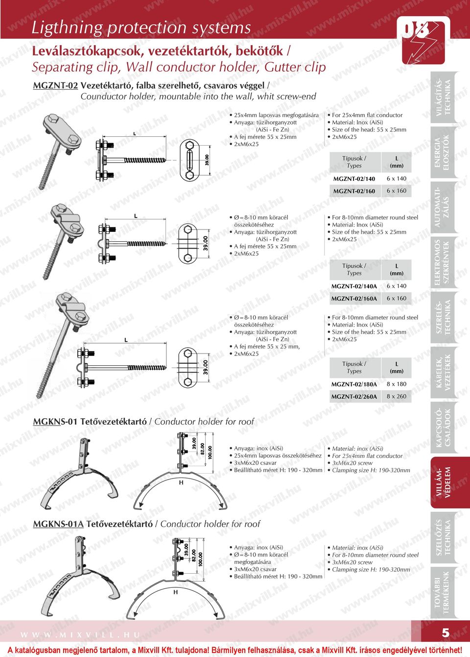 Size of the head: 55 x 25mm 2xM6x25 Típusok / Types L (mm) MGZNT-02/140 6 x 140 Ø=8-10 mm köracél összekötéséhez Anyaga: tüzihorganyzott (AiSi - Fe Zn) A fej mérete 55 x 25mm 2xM6x25 Ø=8-10 mm