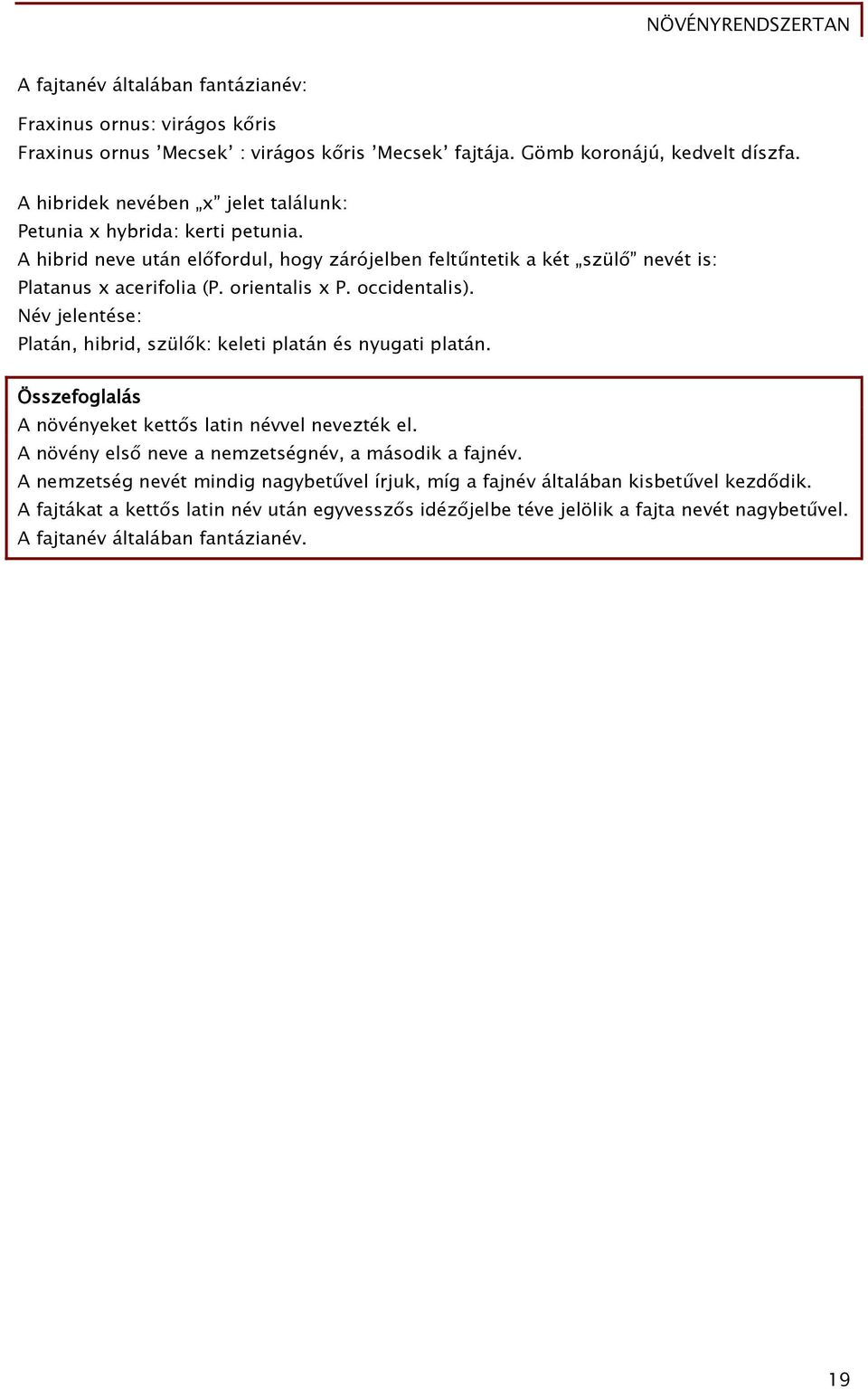 occidentalis). Név jelentése: Platán, hibrid, szülők: keleti platán és nyugati platán. Összefoglalás A növényeket kettős latin névvel nevezték el.