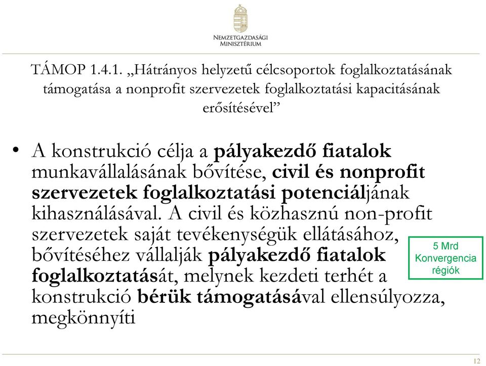 A konstrukció célja a pályakezdő fiatalok munkavállalásának bővítése, civil és nonprofit szervezetek foglalkoztatási potenciáljának