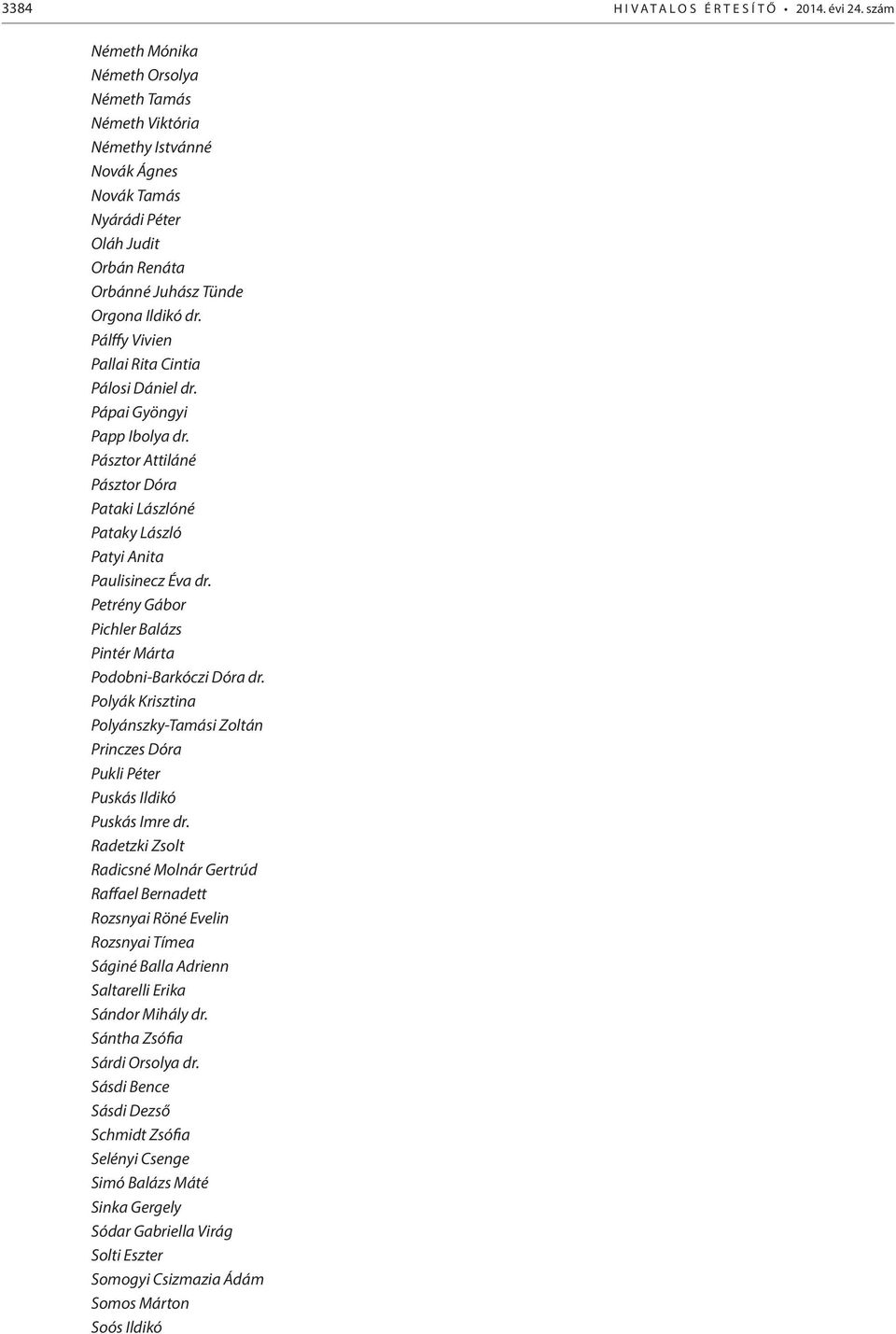 Pálffy Vivien Pallai Rita Cintia Pálosi Dániel dr. Pápai Gyöngyi Papp Ibolya dr. Pásztor Attiláné Pásztor Dóra Pataki Lászlóné Pataky László Patyi Anita Paulisinecz Éva dr.