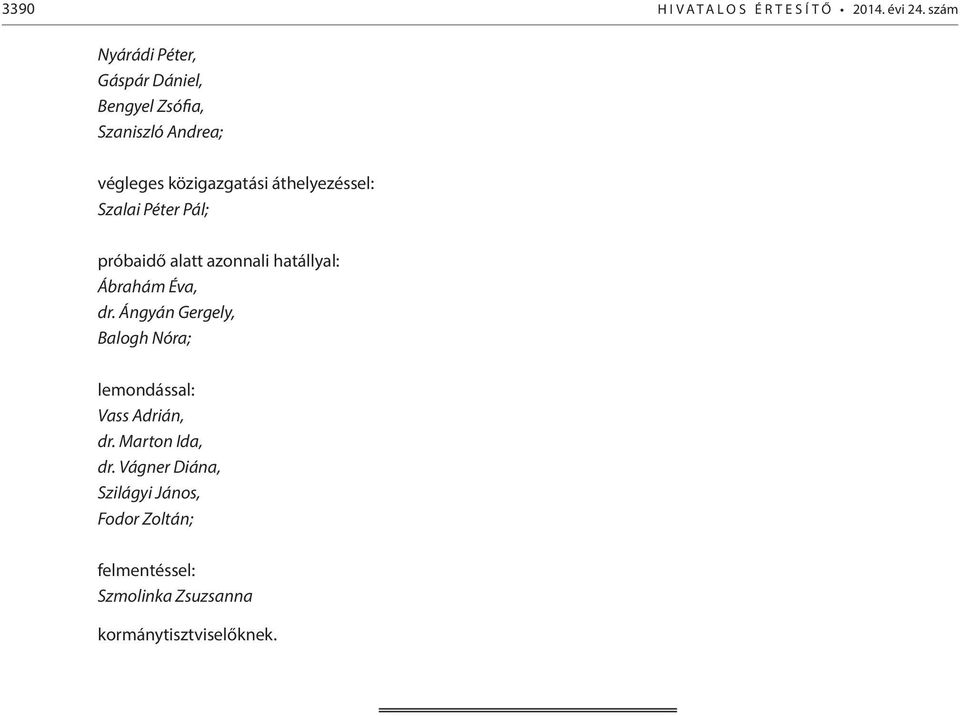áthelyezéssel: Szalai Péter Pál; próbaidő alatt azonnali hatállyal: Ábrahám Éva, dr.