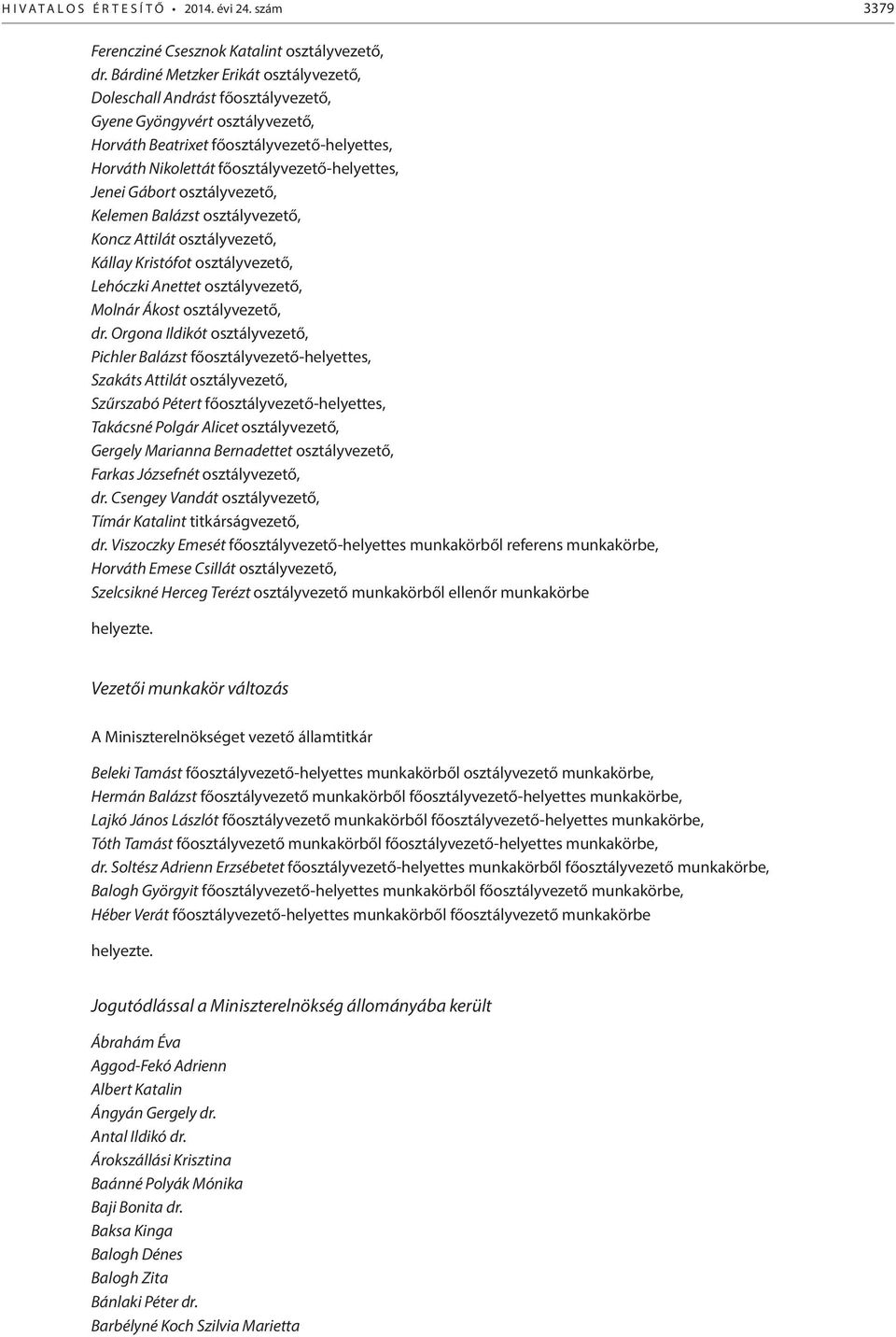 Jenei Gábort osztályvezető, Kelemen Balázst osztályvezető, Koncz Attilát osztályvezető, Kállay Kristófot osztályvezető, Lehóczki Anettet osztályvezető, Molnár Ákost osztályvezető, dr.