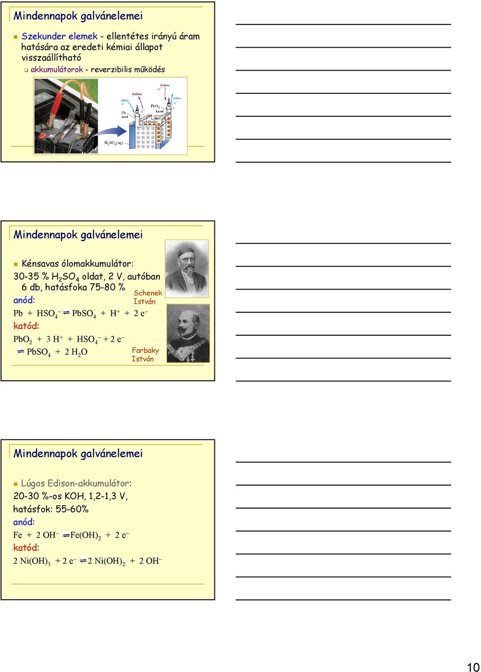 HSO 4 PbSO 4 + H + + 2 e PbO 2 + 3 H + + HSO 4 + 2 e PbSO 4 + 2 H 2 O Schenek István Farbaky István Lúgos