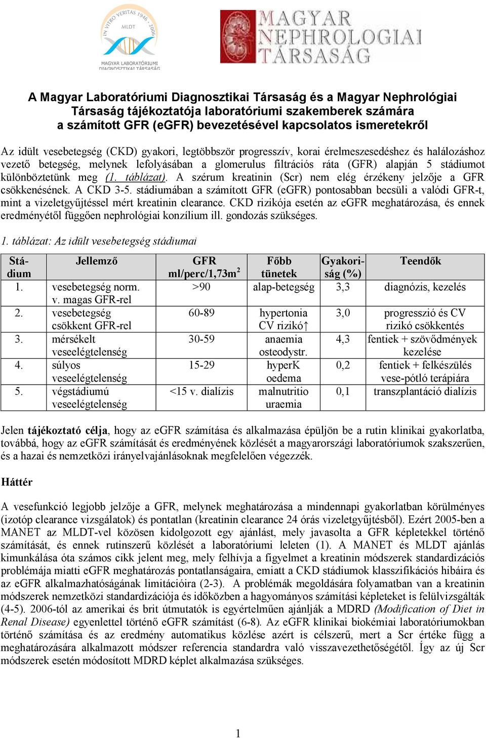 filtrációs ráta (GFR) alapján 5 stádiumot különböztetünk meg (1. táblázat). A szérum kreatinin (Scr) nem elég érzékeny jelzője a GFR csökkenésének. A CKD 3-5.