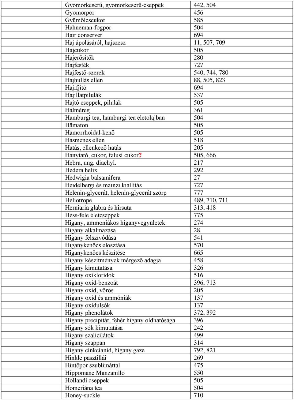 Hämorrhoidal-kenő 505 Hasmenés ellen 518 Hatás, ellenkező hatás 205 Hánytató, cukor, falusi cukor? 505, 666 Hebra, ung. diachyl.
