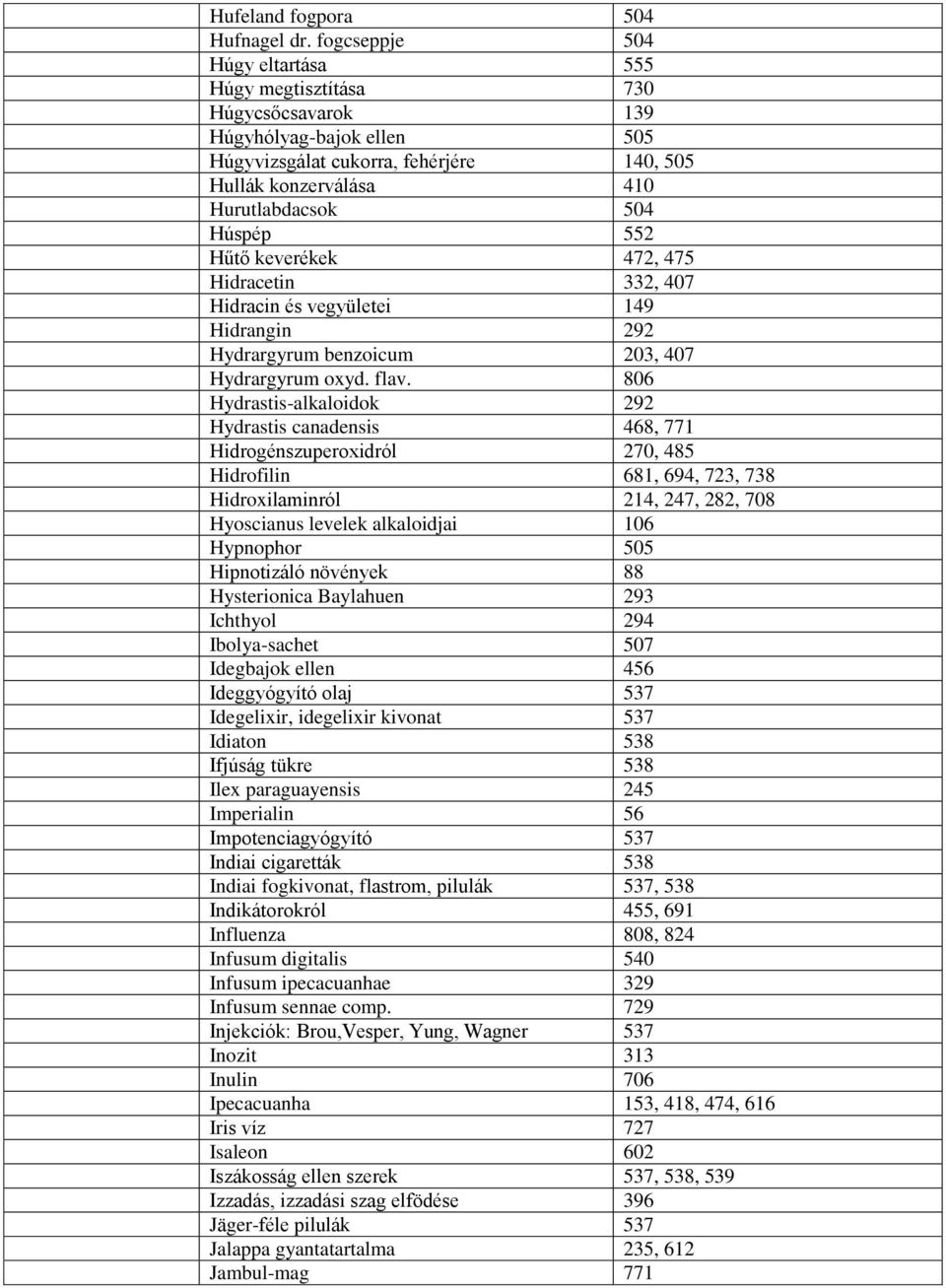 Hűtő keverékek 472, 475 Hidracetin 332, 407 Hidracin és vegyületei 149 Hidrangin 292 Hydrargyrum benzoicum 203, 407 Hydrargyrum oxyd. flav.
