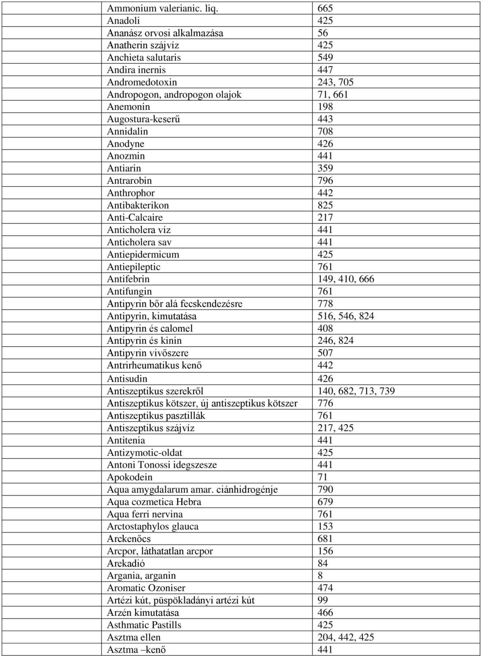Augostura-keserű 443 Annidalin 708 Anodyne 426 Anozmin 441 Antiarin 359 Antrarobin 796 Anthrophor 442 Antibakterikon 825 Anti-Calcaire 217 Anticholera víz 441 Anticholera sav 441 Antiepidermicum 425