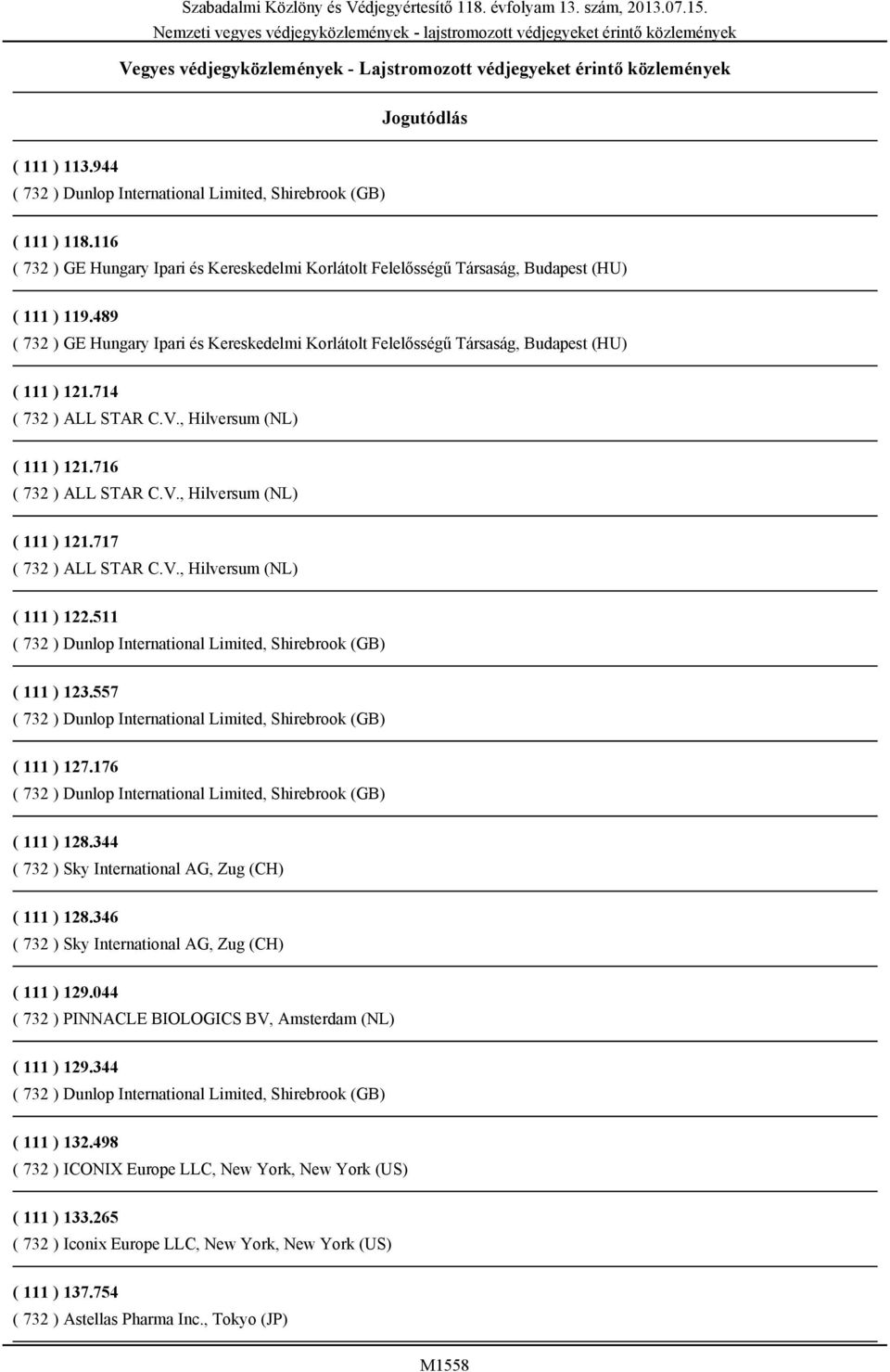 489 ( 732 ) GE Hungary Ipari és Kereskedelmi Korlátolt Felelősségű Társaság, Budapest (HU) ( 111 ) 121.714 ( 732 ) ALL STAR C.V., Hilversum (NL) ( 111 ) 121.716 ( 732 ) ALL STAR C.V., Hilversum (NL) ( 111 ) 121.717 ( 732 ) ALL STAR C.