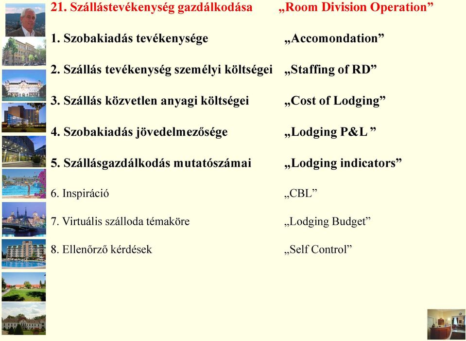 Szállás közvetlen anyagi költségei Cost of Lodging 4. Szobakiadás jövedelmezősége Lodging P&L 5.