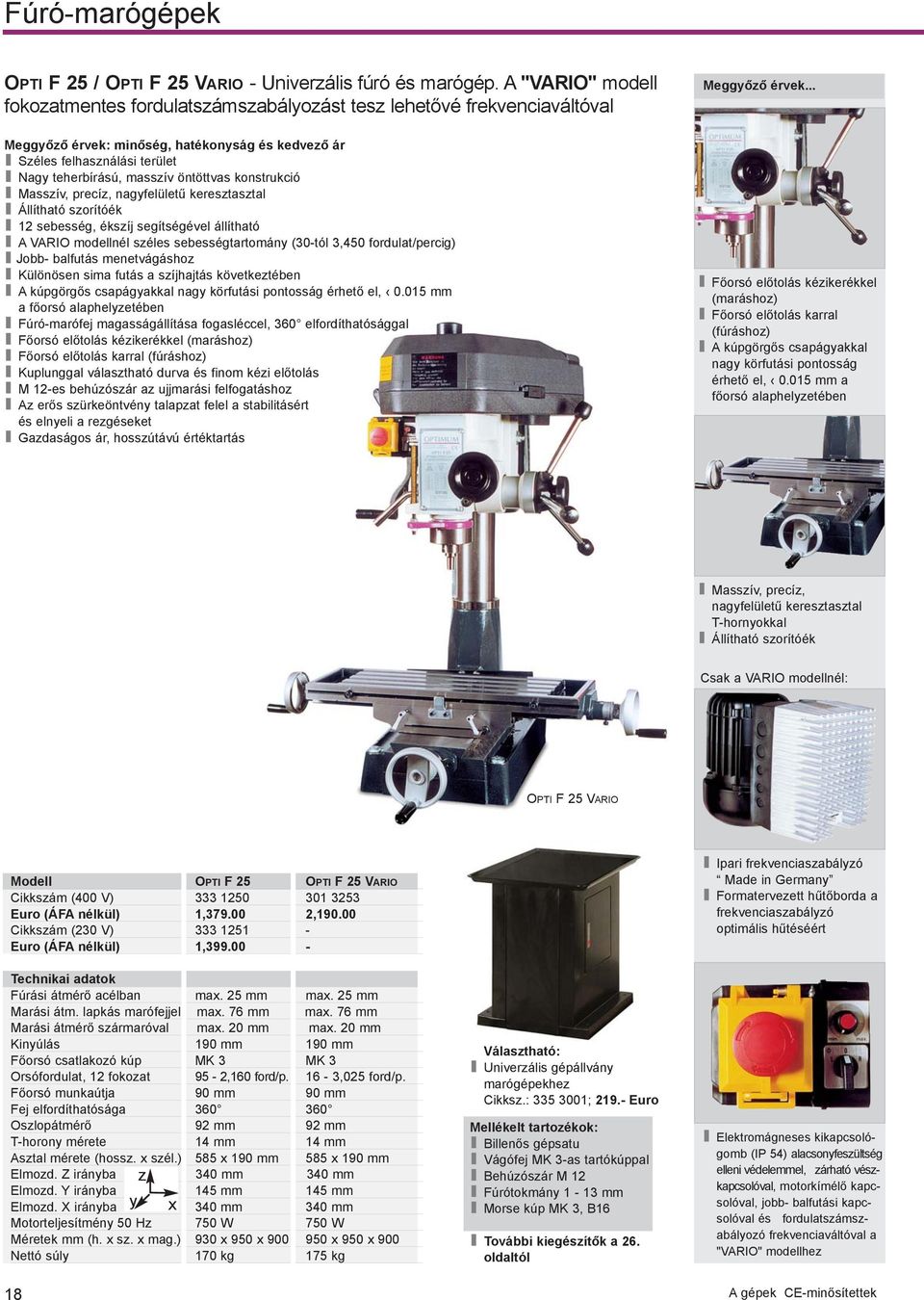 öntöttvas konstrukció Masszív, precíz, nagyfelületû keresztasztal Állítható szorítóék 12 sebesség, ékszíj segítségével állítható A VARIO modellnél széles sebességtartomány (30-tól 3,450