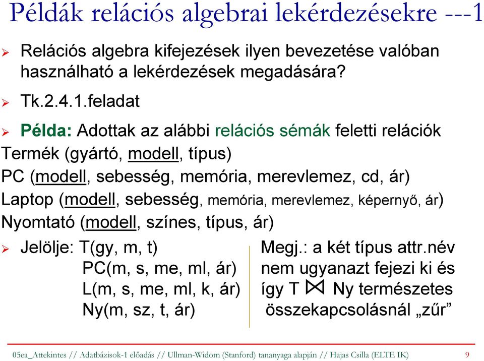 feladat Példa: Adottak az alábbi relációs sémák feletti relációk Termék (gyártó, modell, típus) PC (modell, sebesség, memória, merevlemez, cd, ár) Laptop (modell,