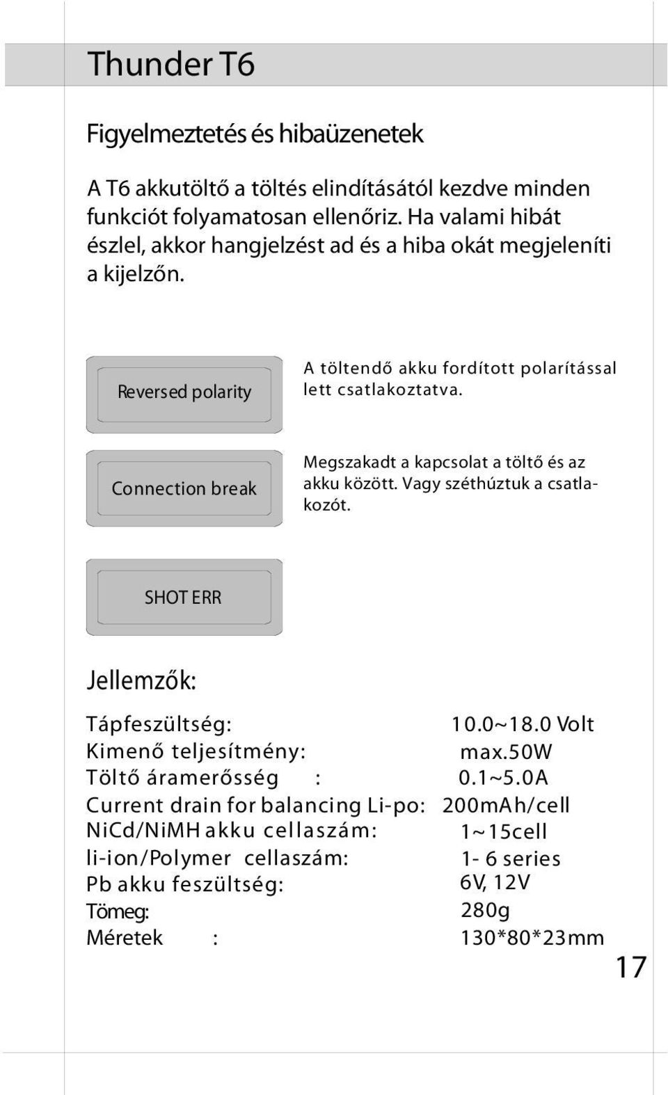 Connection break Megszakadt a kapcsolat a töltő és az akku között. Vagy széthúztuk a csatlakozót. SHOT ERR Jellemzők: Tápfeszültség: 10.0~18.