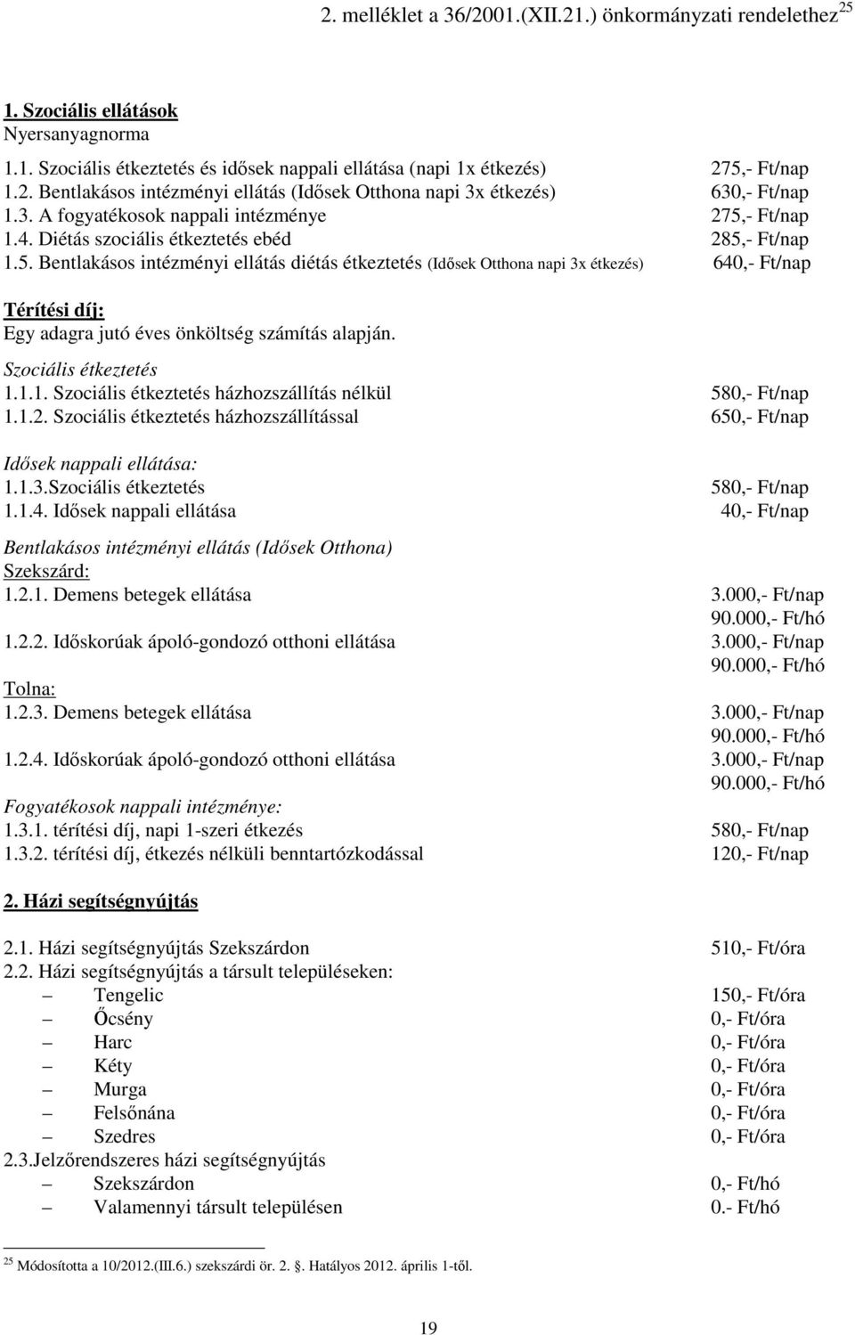 Szociális étkeztetés 1.1.1. Szociális étkeztetés házhozszállítás nélkül 580,- Ft/nap 1.1.2. Szociális étkeztetés házhozszállítással 650,- Ft/nap Idısek nappali ellátása: 1.1.3.