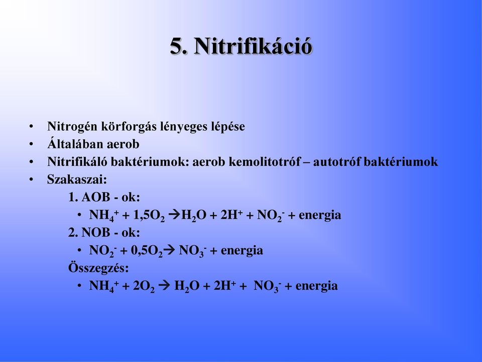 Szakaszai: 1. AOB ok: NH 4 + + 1,5O 2 H 2 O + 2H + + NO 2 + energia 2.