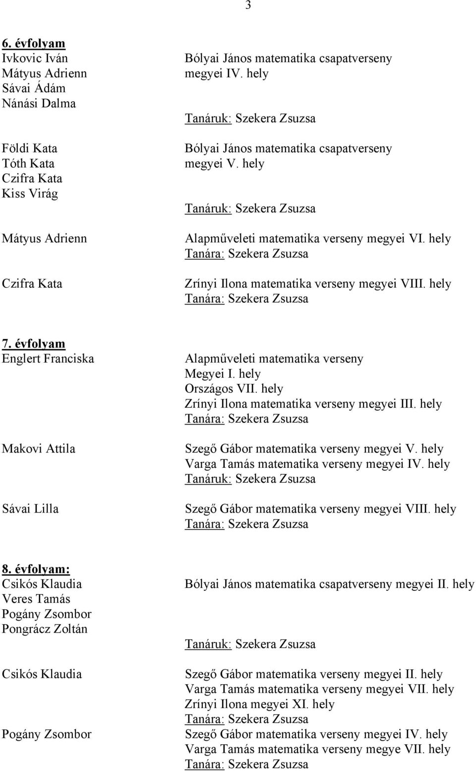 évfolyam Englert Franciska Makovi Attila Sávai Lilla Alapműveleti matematika verseny Megyei I. hely Országos VII. hely Zrínyi Ilona matematika verseny megyei III.
