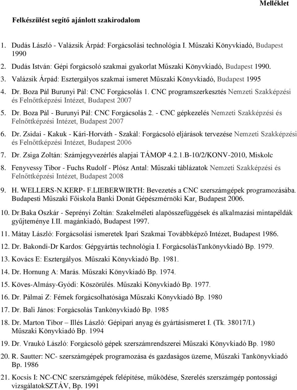 Boza Pál Burunyi Pál: CNC Forgácsolás 1. CNC programszerkesztés Nemzeti Szakképzési és Felnőttképzési Intézet, Budapest 2007 5. Dr. Boza Pál - Burunyi Pál: CNC Forgácsolás 2.