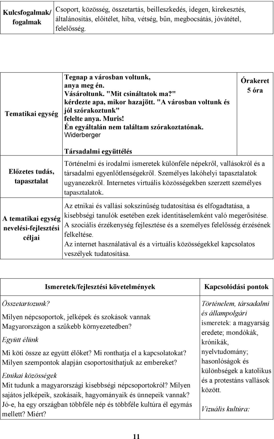 Widerberger 5 óra A tematikai egység Társadalmi együttélés Történelmi és irodalmi ismeretek különféle népekről, vallásokról és a társadalmi egyenlőtlenségekről. Személyes lakóhelyi ok ugyanezekről.