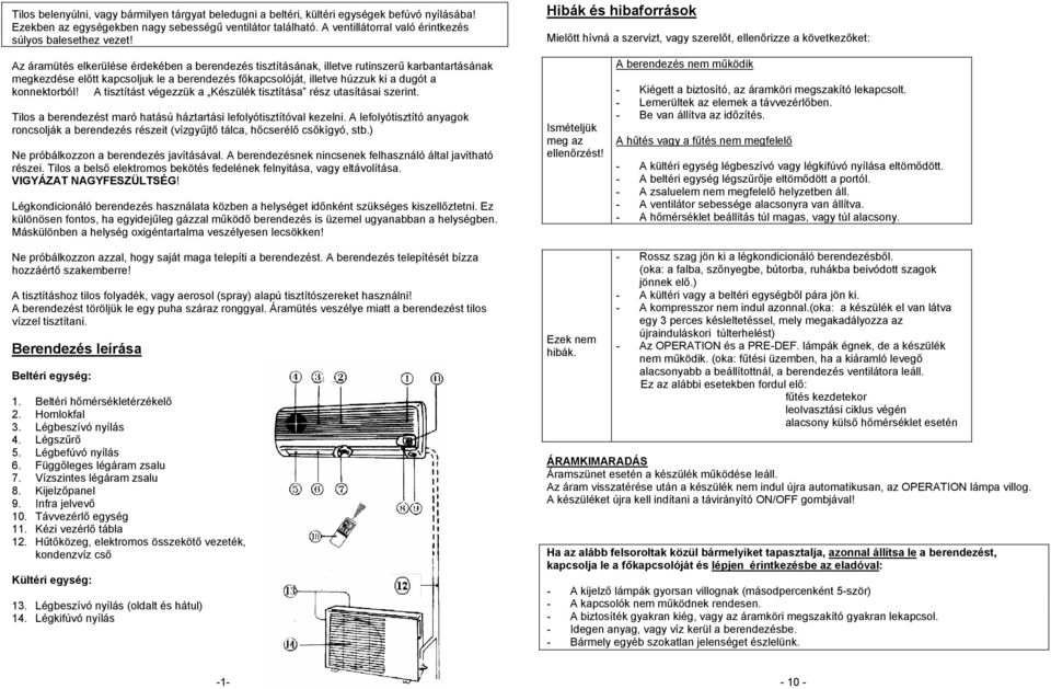 Hibák és hibaforrások Mielőtt hívná a szervizt, vagy szerelőt, ellenőrizze a következőket: Az áramütés elkerülése érdekében a berendezés tisztításának, illetve rutinszerű karbantartásának megkezdése