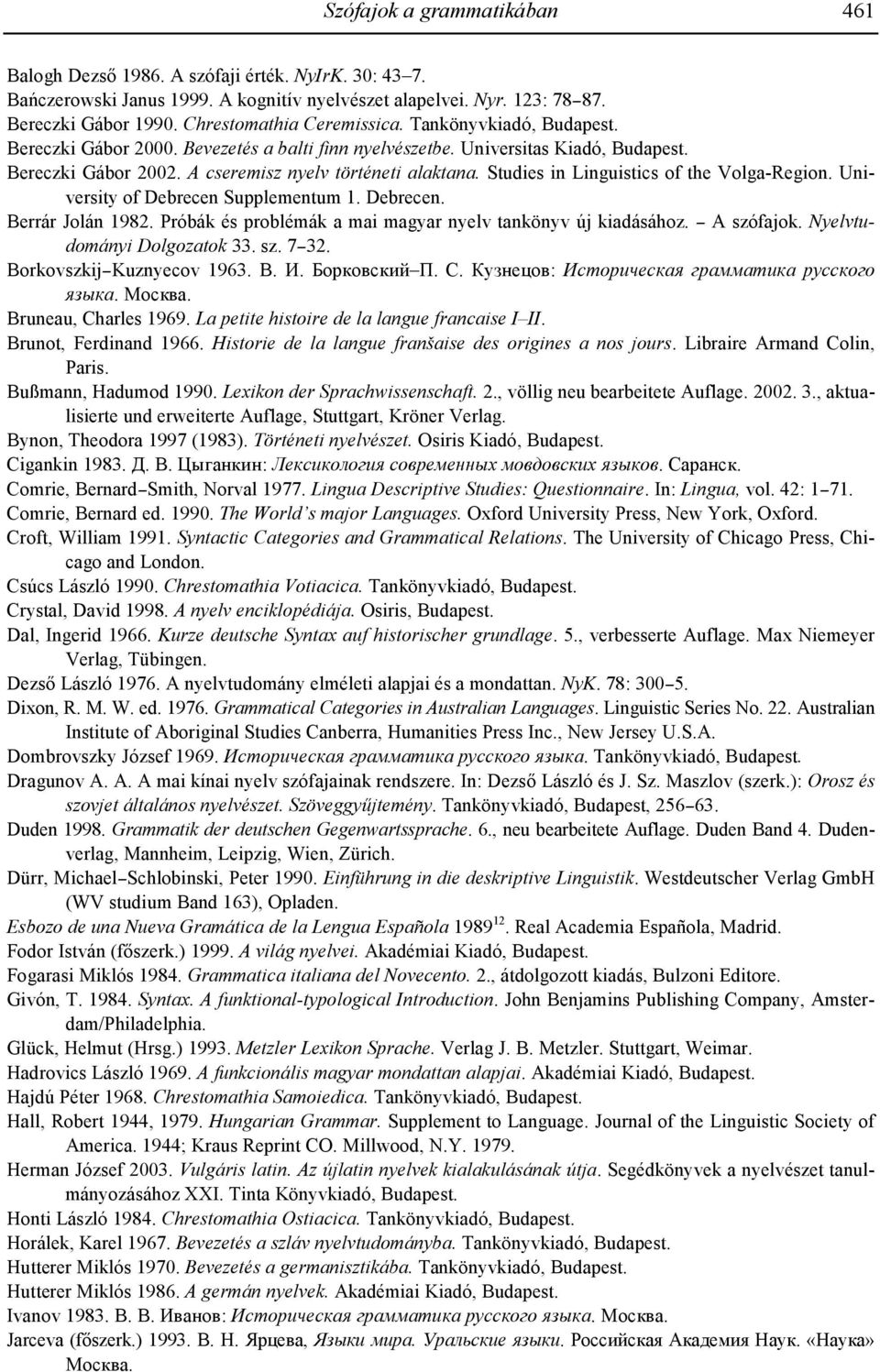 Studies in Linguistics of the Volga-Region. University of Debrecen Supplementum 1. Debrecen. Berrár Jolán 1982. Próbák és problémák a mai magyar nyelv tankönyv új kiadásához. A szófajok.