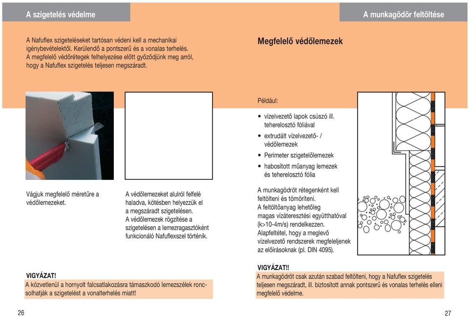 A védőlemezeket alulról felfelé haladva, kötésben helyezzük el a megszáradt szigetelésen. A védőlemezek rögzítése a szigetelésen a lemezragasztóként funkcionáló Nafuflexszel történik.
