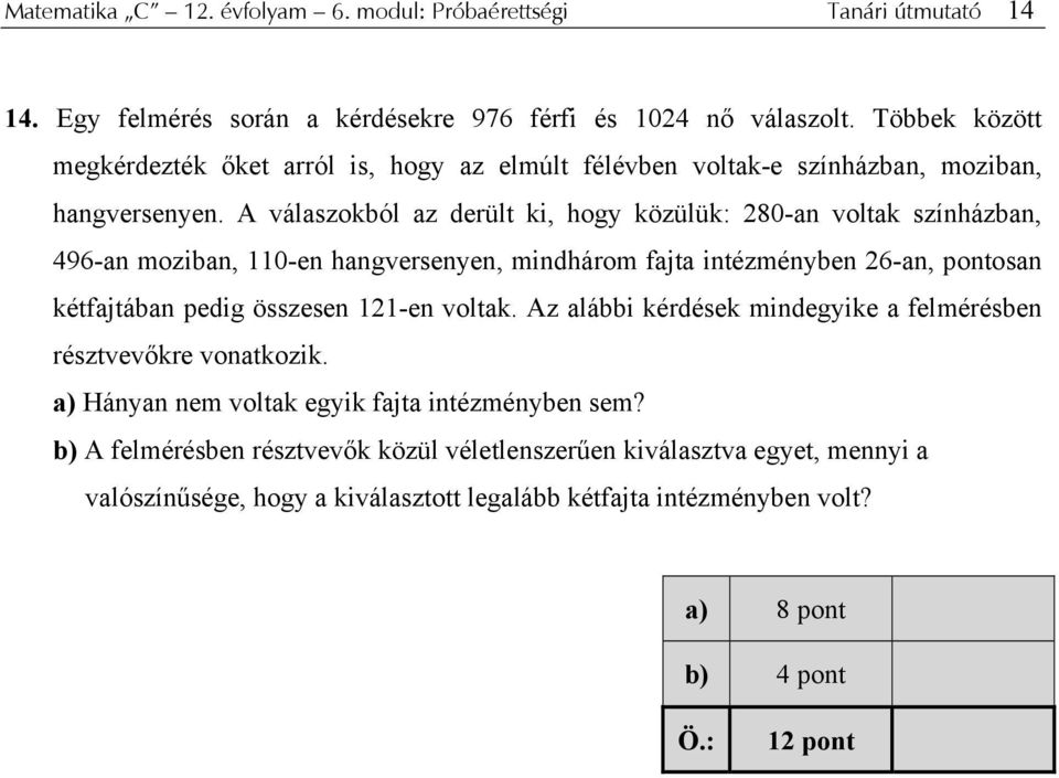 A válaszokból az derült ki, hogy közülük: 80-an voltak színházban, 496-an moziban, 0-en hangversenyen, mindhárom fajta intézményben 6-an, pontosan kétfajtában pedig összesen -en