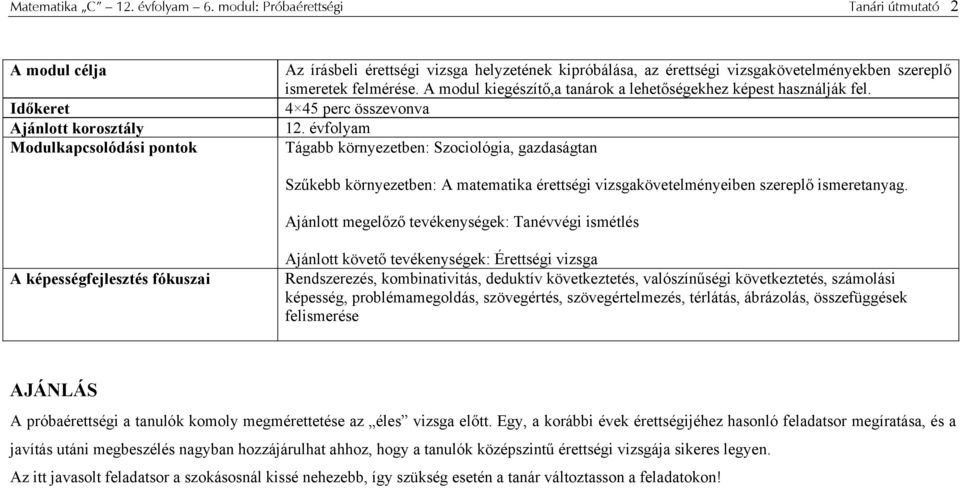 szereplő ismeretek felmérése. A modul kiegészítő,a tanárok a lehetőségekhez képest használják fel. 4 45 perc összevonva.