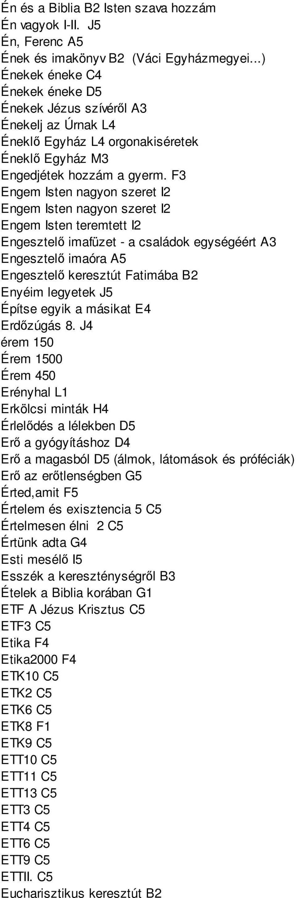 F3 Engem Isten nagyon szeret I2 Engem Isten nagyon szeret I2 Engem Isten teremtett I2 Engesztelő imafüzet - a családok egységéért A3 Engesztelő imaóra A5 Engesztelő keresztút Fatimába B2 Enyéim