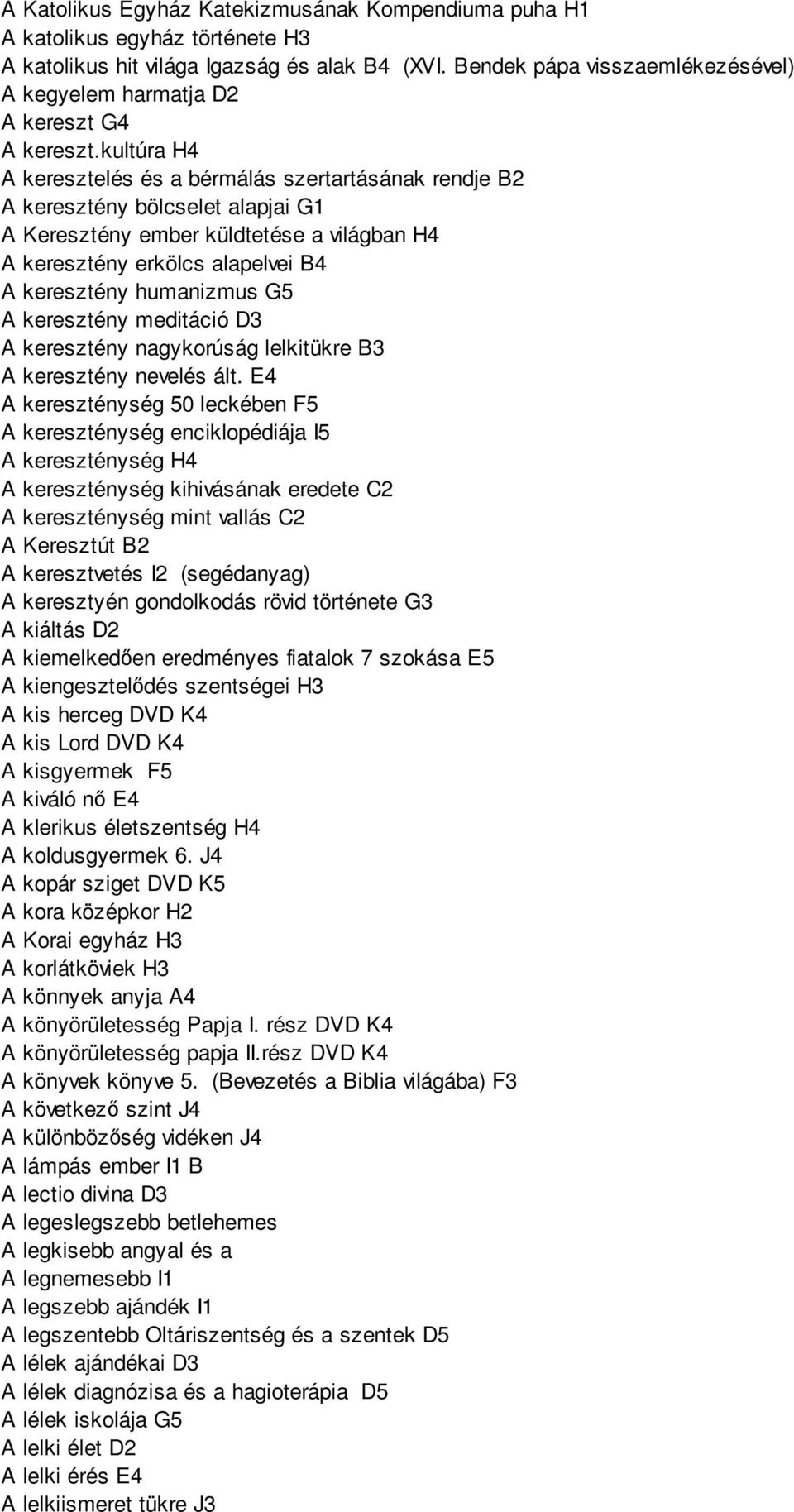 kultúra H4 A keresztelés és a bérmálás szertartásának rendje B2 A keresztény bölcselet alapjai G1 A Keresztény ember küldtetése a világban H4 A keresztény erkölcs alapelvei B4 A keresztény humanizmus