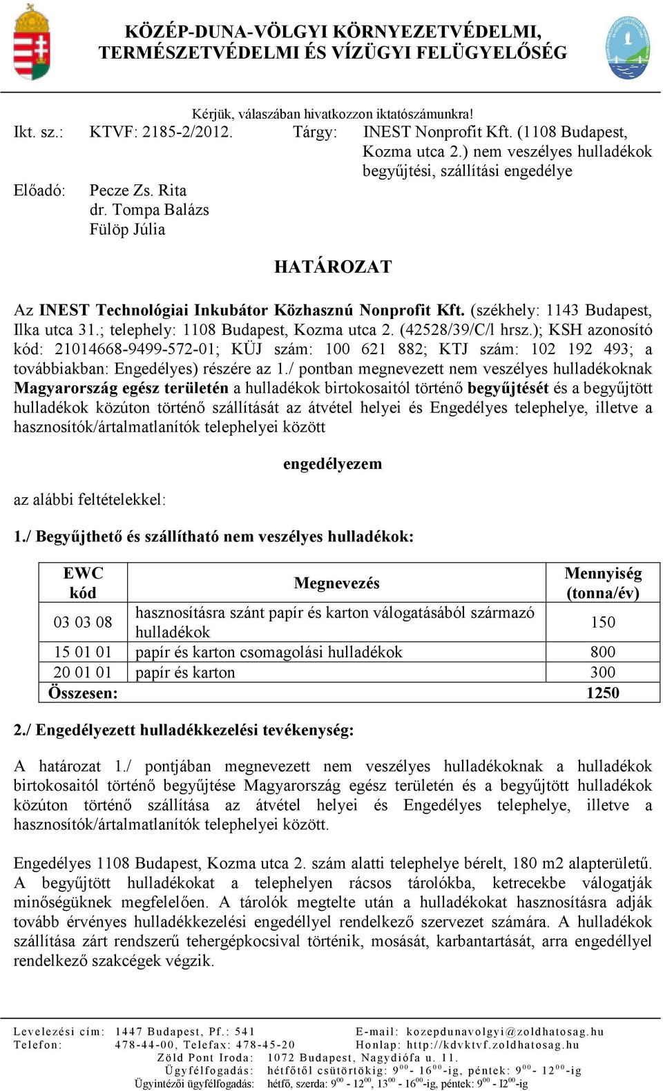 Tompa Balázs Fülöp Júlia HATÁROZAT Az INEST Technológiai Inkubátor Közhasznú Nonprofit Kft. (székhely: 1143 Budapest, Ilka utca 31.; telephely: 1108 Budapest, Kozma utca 2. (42528/39/C/l hrsz.