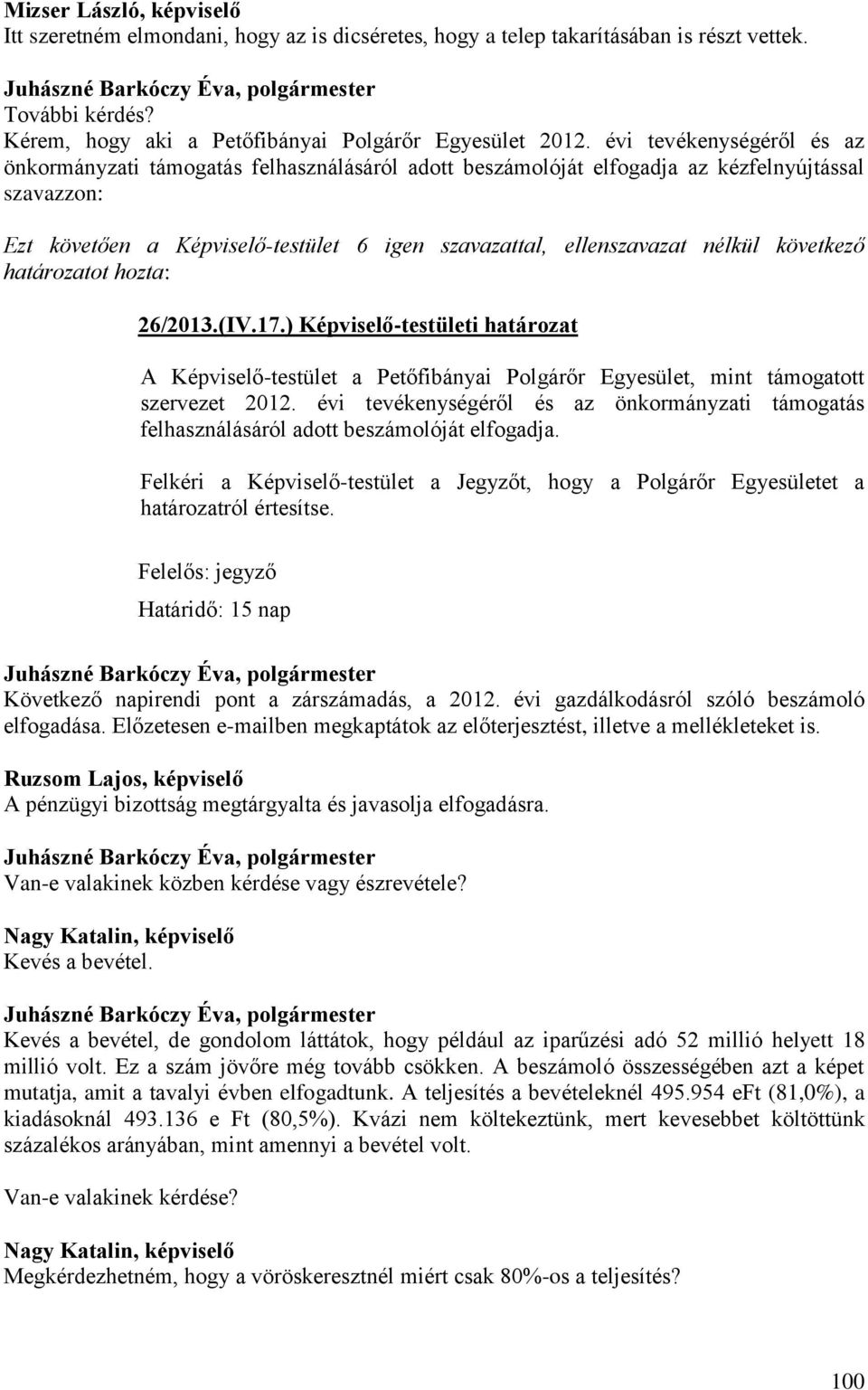nélkül következő határozatot hozta: 26/2013.(IV.17.) Képviselő-testületi határozat A Képviselő-testület a Petőfibányai Polgárőr Egyesület, mint támogatott szervezet 2012.