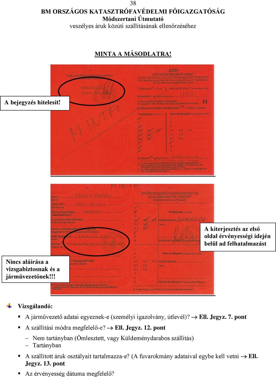 !! Vizsgálandó: A járművezető adatai egyeznek-e (személyi igazolvány, útlevél)? Ell. Jegyz. 7. pont A szállítási módra megfelelő-e?