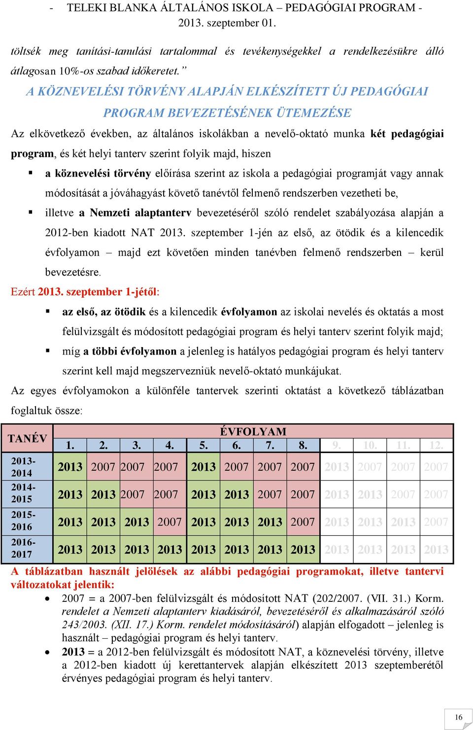 tanterv szerint folyik majd, hiszen a köznevelési törvény előírása szerint az iskola a pedagógiai programját vagy annak módosítását a jóváhagyást követő tanévtől felmenő rendszerben vezetheti be,