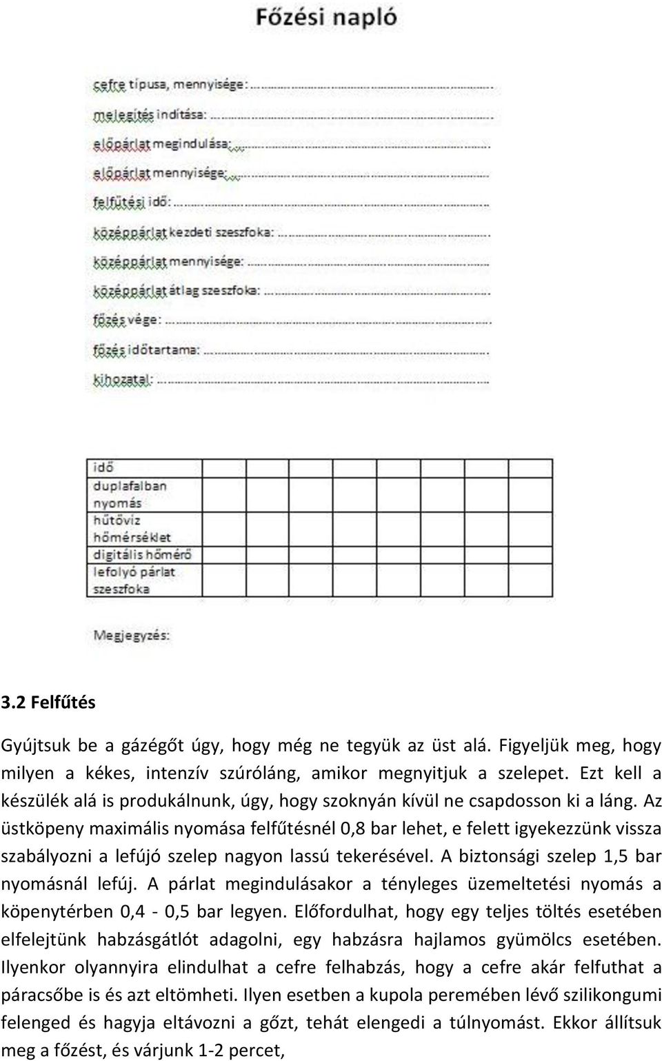 Az üstköpeny maximális nyomása felfűtésnél 0,8 bar lehet, e felett igyekezzünk vissza szabályozni a lefújó szelep nagyon lassú tekerésével. A biztonsági szelep 1,5 bar nyomásnál lefúj.