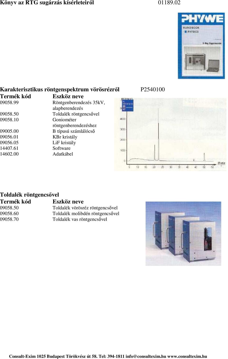 10 Goniométer röntgenberendezéshez 09005.00 B típusú számlálócső 09056.01 KBr kristály 09056.05 LiF kristály 14407.